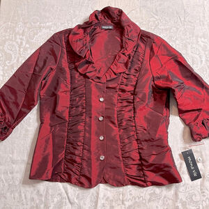 Mona Vie Wine Red Ruffled Collar Blouse | Size L | NWT